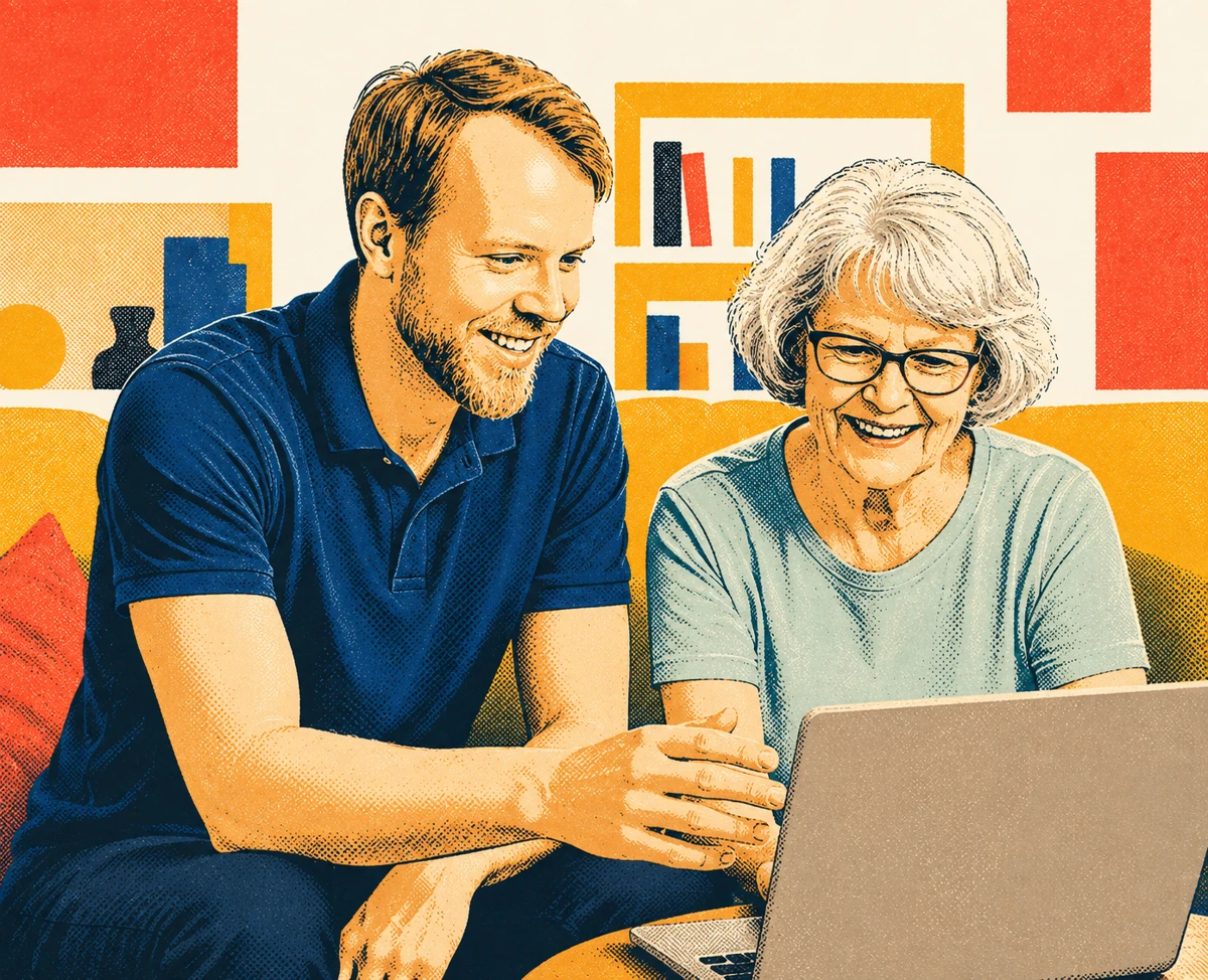 Pop-art illustration of Eli helping a client with a laptop